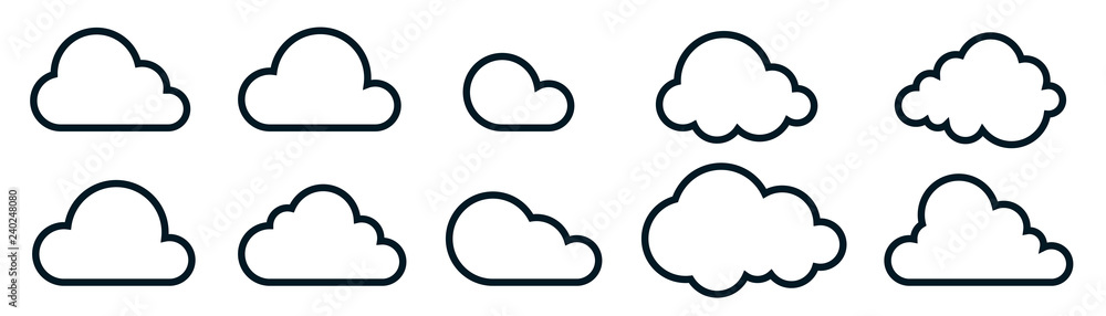 Clouds icon set isolated on a white background. Logo and sign. Cloud technologies. Simple modern design. Flat style vector illustration. Clouds icon set isolated on a white background. Logo and sign. Cloud technologies. Simple modern design. Flat style vector illustration.