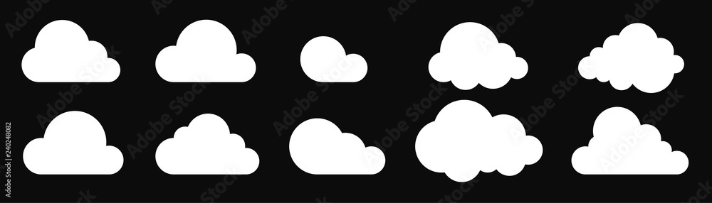Clouds icon set isolated on a black background. Logo and sign. Cloud technologies. Simple modern design. Flat style vector illustration. Clouds icon set isolated on a black background. Logo and sign. Cloud technologies. Simple modern design. Flat style vector illustration.