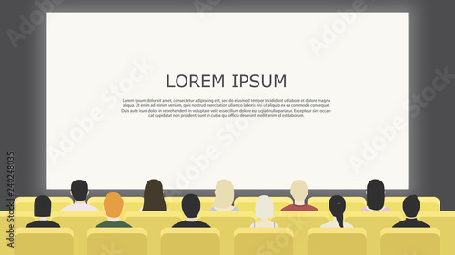 Movie cinema premiere poster design with screen and auditorium. Rows of cinema or theater seats with people looking at the screen. Dark hall background. Flat design realistic vector illustration.