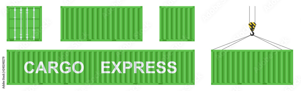 Cargo container set isolated on white background. Colorful box from different sides collection. Freight shipping container hanging on crane hook. Simple design. Flat style vector illustration. Cargo container set isolated on white background. Colorful box from different sides collection. Freight shipping container hanging on crane hook. Simple design. Flat style vector illustration.