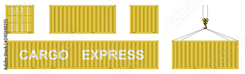 Cargo container set isolated on white background. Colorful box from different sides collection. Freight shipping container hanging on crane hook. Simple design. Flat style vector illustration.