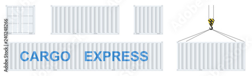 Cargo container set isolated on white background. Colorful box from different sides collection. Freight shipping container hanging on crane hook. Simple design. Flat style vector illustration.