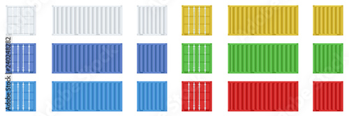 Cargo container set isolated on white background. Colorful box from different sides collection. Freight shipping container hanging on crane hook. Simple design. Flat style vector illustration.