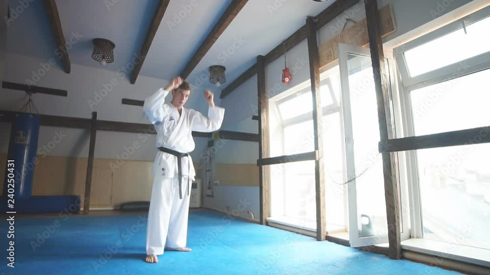 Martial arts master on fight training in gym. Slow motion Martial arts master on fight training in gym. Slow motion
