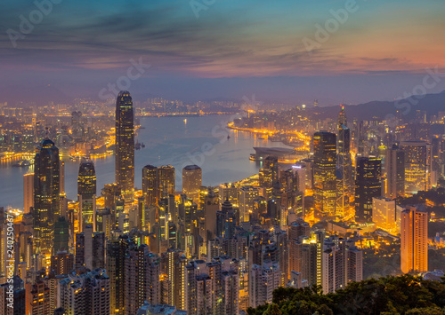 Hong Kong, China - April 8, 2018 - View From The Peak ,Night Skyline of Hong Kong in China.