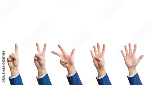 Hands count from zero to five isolated on white background, businessman shows number with fingers