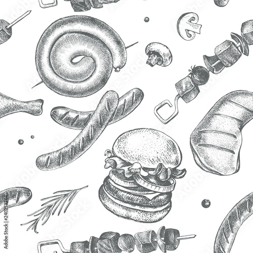 Decorative seamless pattern with Ink hand drawn meat products and grilled dishes. Food elements texture for your design. Vector illustration.