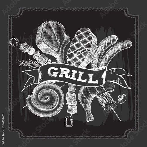 Background with Ink hand drawn meat products and grilled dishes. Food elements collection. Vector illustration.