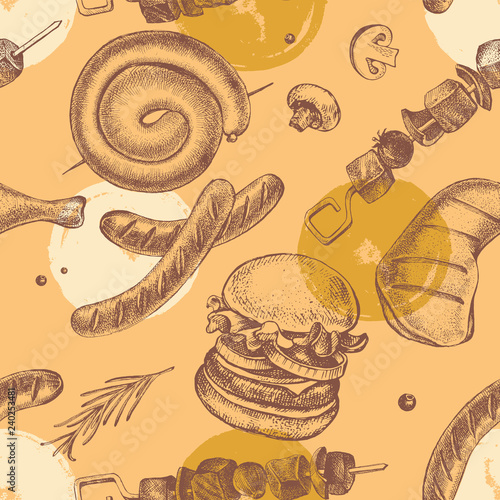 Decorative seamless pattern with Ink hand drawn meat products and grilled dishes. Food elements texture for your design. Vector illustration.