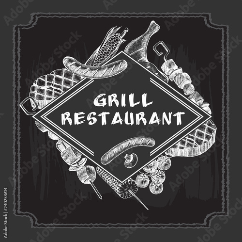 Background with Ink hand drawn meat products and grilled dishes. Food elements collection. Vector illustration.