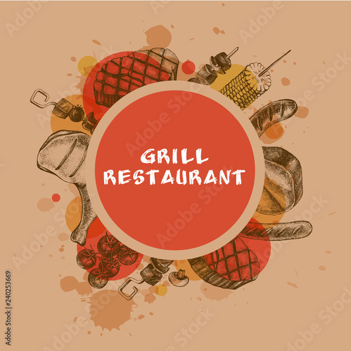 Background with Ink hand drawn meat products and grilled dishes. Food elements collection. Vector illustration.