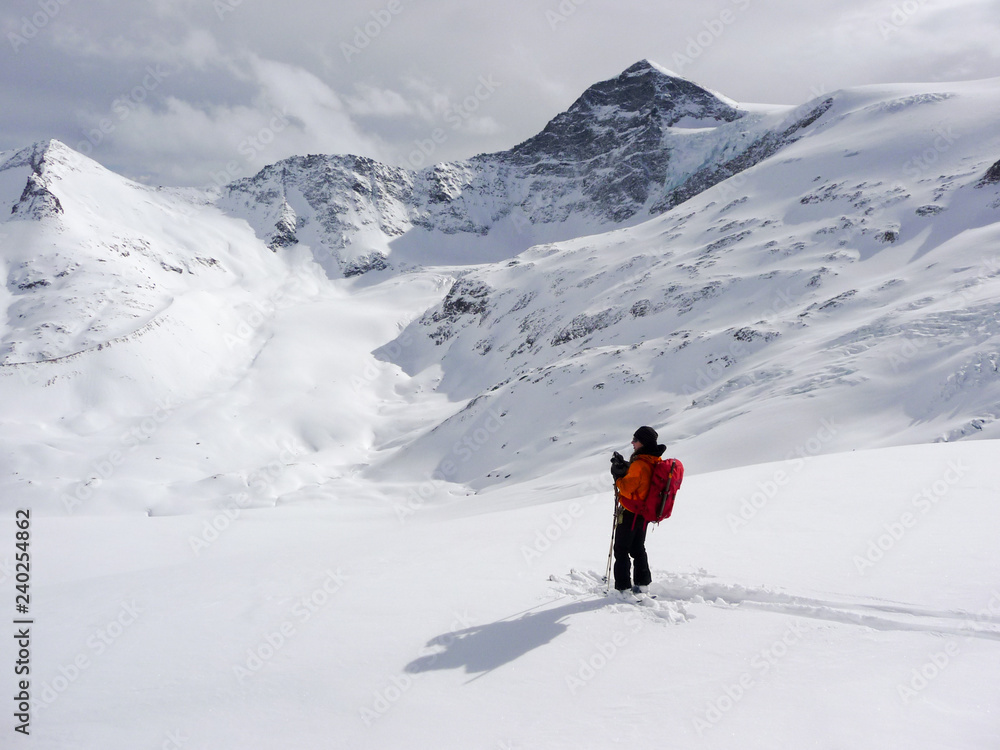 a female backcountry skier standing on a high alpine glacier in the Austrian Alps in winter