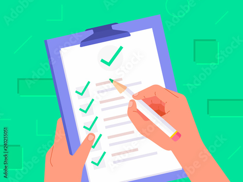 Hand holding clipboard with checklist and pencil. Flat design. Vector illustration