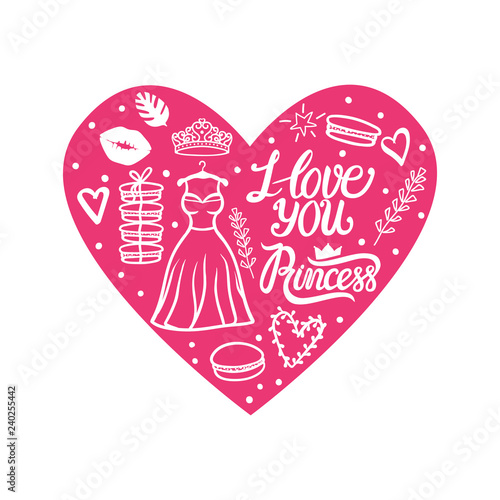 Heart pink Card. I love you Princess. Valentines day greeting design. Cute style dress with diadem. Vector illustration.