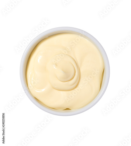 Mayonnaise sauce,Mayonnaise  in ceramic bowl  isolated  on white background.Top view