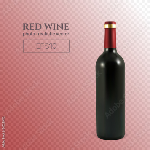 Photorealistic bottle of red wine on a transparent background. Mock up transparent bottle of wine. This wine bottle can be placed on any background.