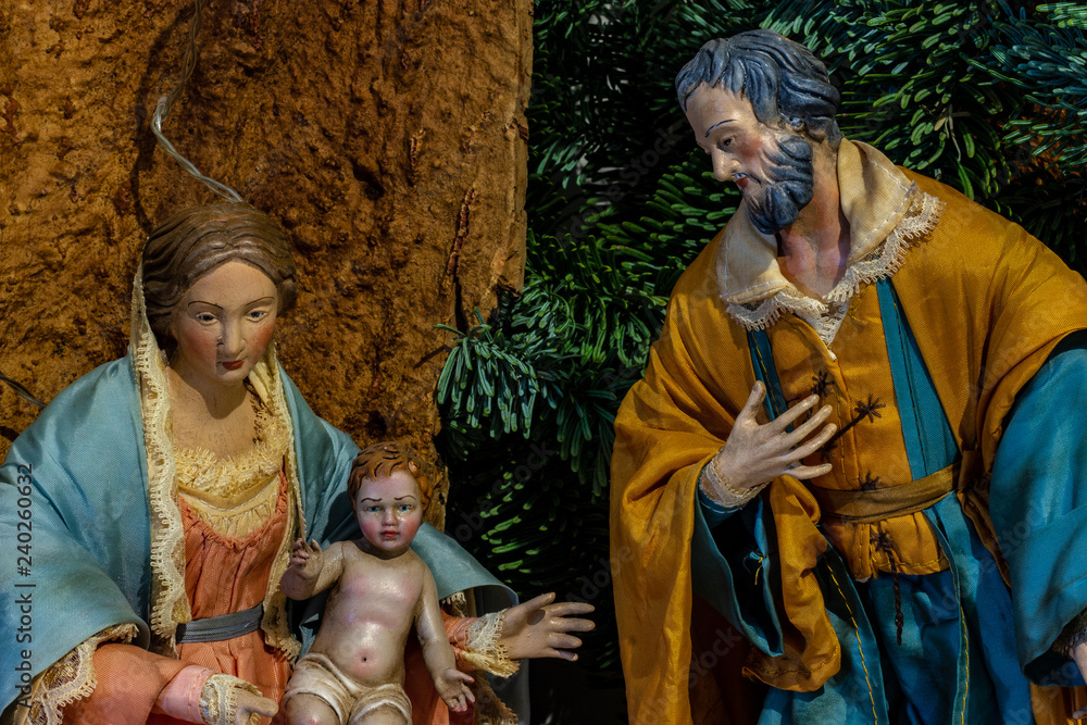The representation of the holy family, The Virgin Mary holding the Child Jesus and beside St. Joseph. The realization made by the master craftsmen of San Gregorio Armeno.