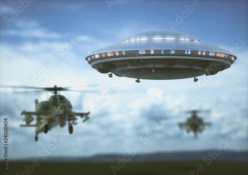 Military helicopters intercepting an unidentified flying object. Concept image of non-pacific invasion of beings from other planets. © ktsdesign