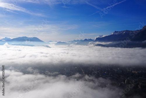 Sea of clouds above the city of Grenoble, France