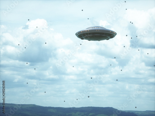 Unidentified flying object in cloudy sky with strange spheres around.