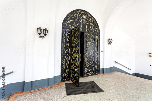 Photos Black metal gate with decorative iron patterns golden colors