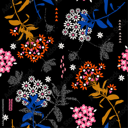 Beautiful geometric flower mix with garden leaf in the dark ,colorful mood for fashion fabric,wallpaper and all prints