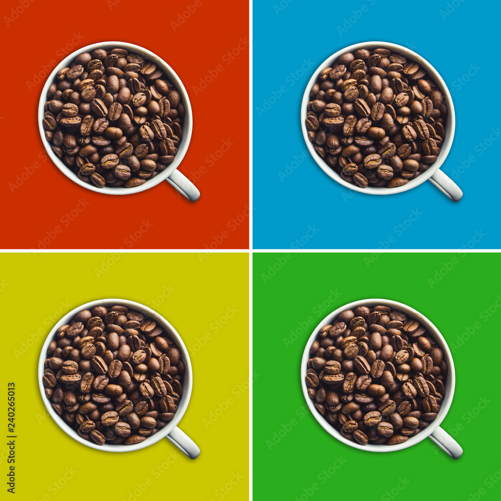 Set of four white coffee cups filled with coffee seeds isolated on blue, red, green and yellow background. Set of four white coffee cups filled with coffee seeds isolated on blue, red, green and yellow background.