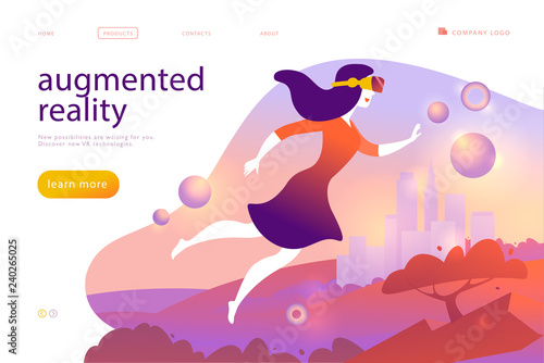 Vector landing page design template for new vr technology - woman in vr goggle headset, helmet, glasses flying into  augmented virtual reality world. Flat style. For web page banner, mobile app, UI