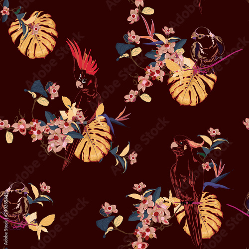 Trendy Tropical floral print. Outline Parrot bird in the dark  jungle and flowers in the summer exotic forest  allover design  seamless pattern vector for fashion  