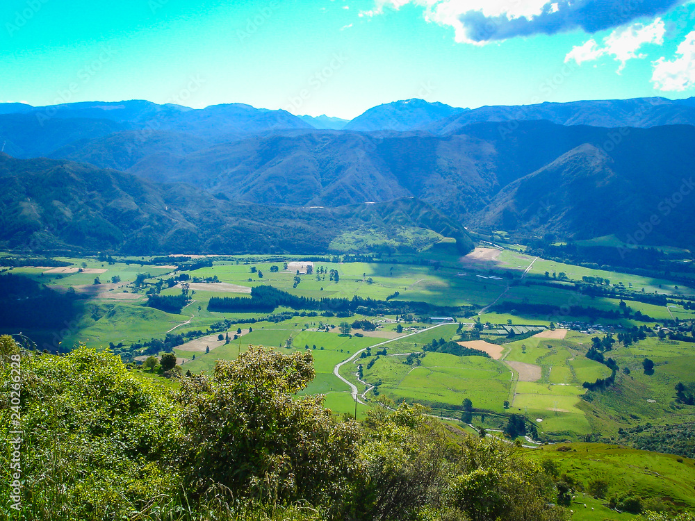 Looking down into a valley in the mountains of New Zealand