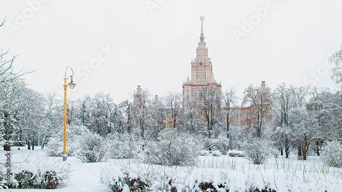 Vibrant view of winter campus of famous Russian university with snowed trees