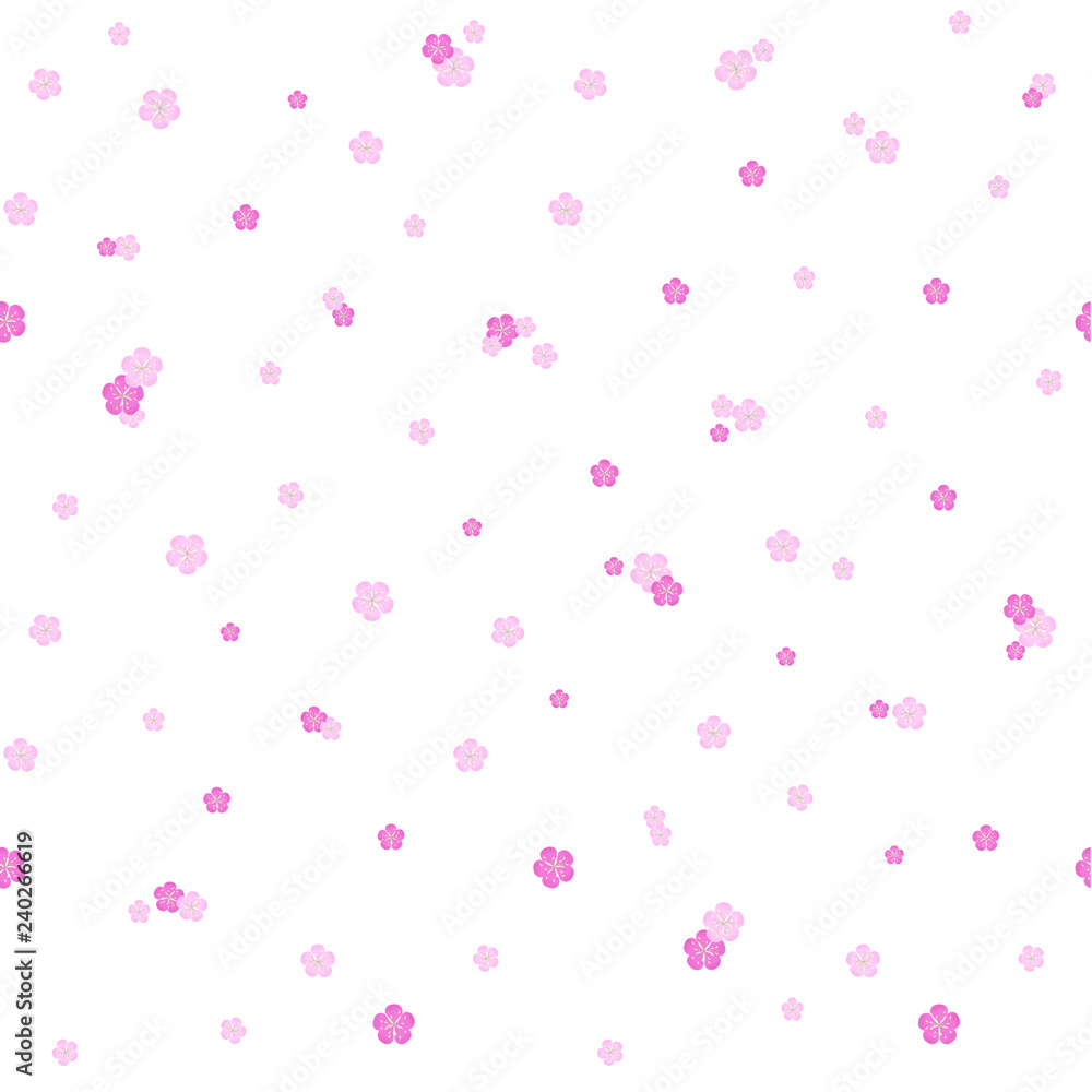 Seamless sakura flowers background, pink blooming on white, design element stock vector illustration for web, for print, for textile, for fabric print, diaper patter