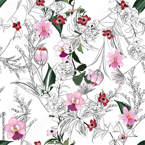 Trendy bright Summer blooming garden and forest outline and hand painting flowers many kind of floral in seamless pattern vecto