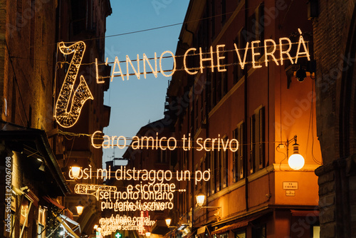 Via d'Azelio, Lucio Dalla lyrics light decorations at Christmas, Bologna, Italy