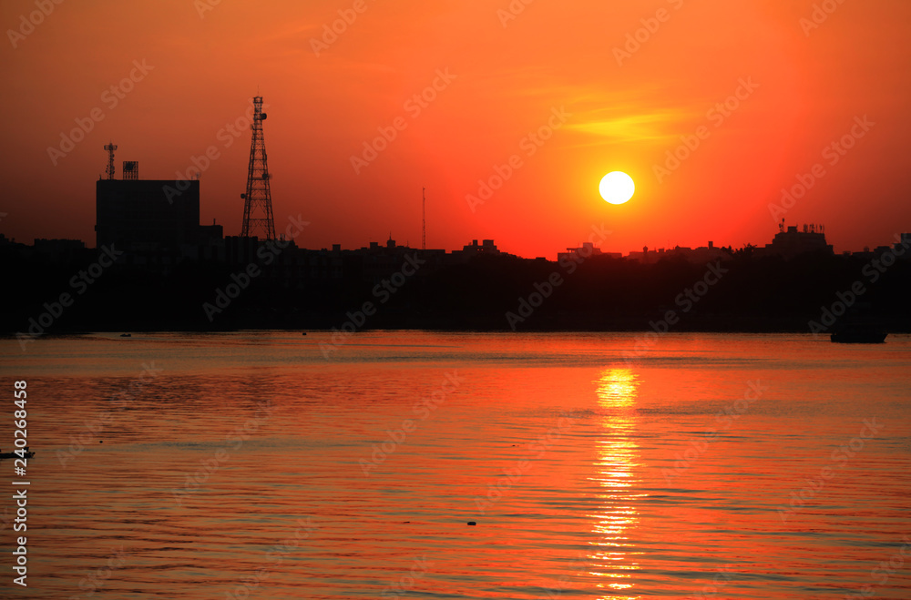Sun set over Hyderabad city in India
