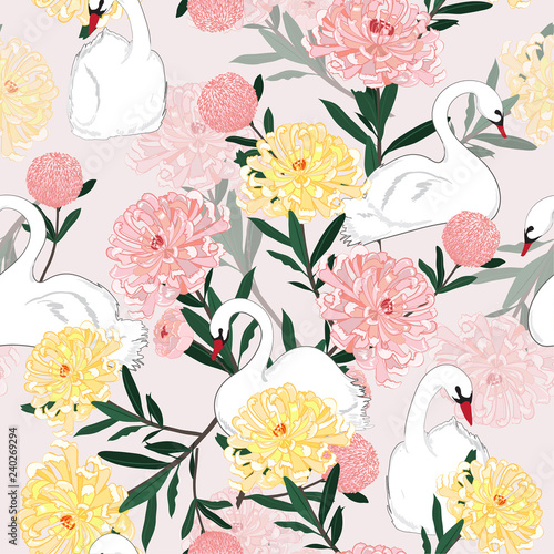 Beautiful soft and gentle oreintal blooming flowers with hand drawing white swan bird in seamless pattern ,vector for fashion fabric and all prints