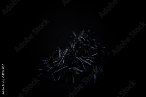 Black on black image with skeletal charcoal sticks shot on a black background. photo