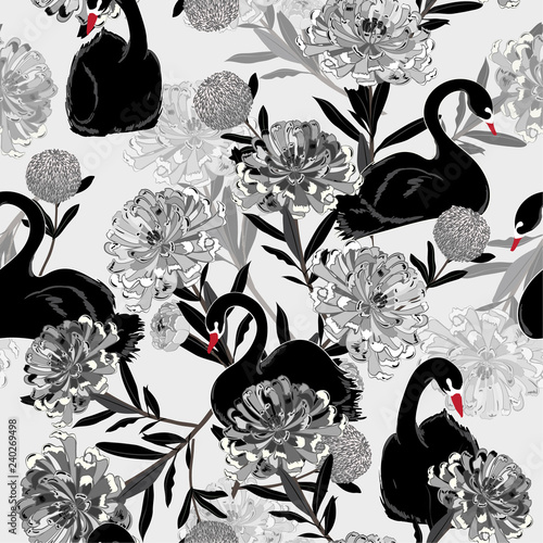 Monotone grey Soft and gentle oreintal blooming flowers with hand drawing black swan bird in seamless pattern ,vector for fashion fabric and all prints