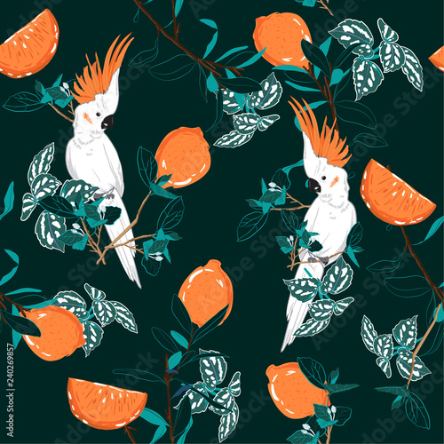 Deep green forest print. Parrot bird in the jungle with oranges in the summer exotic wild life allover design, seamless pattern vector for fashion ,