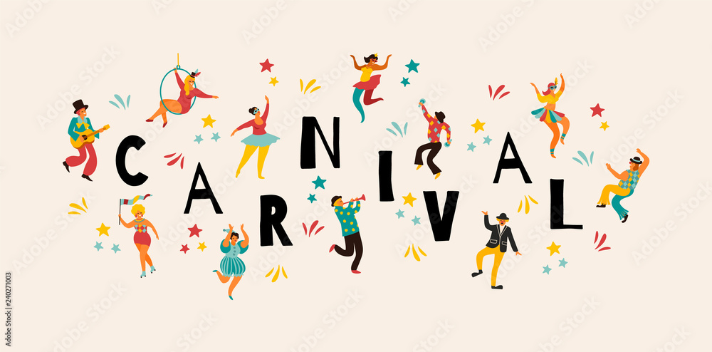 Hello Carnival Vector illustration of funny dancing men and women in bright costumes