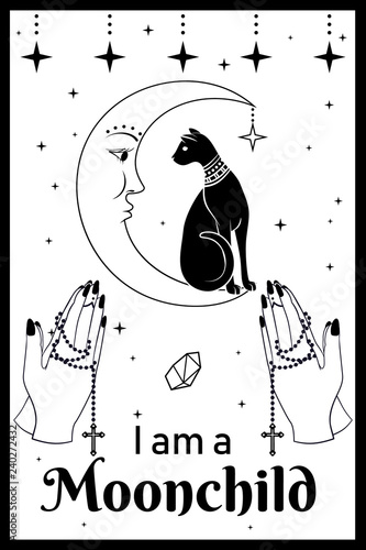 Black Cat on the Moon. Praying hands holding a rosary. I am a Moonchild text