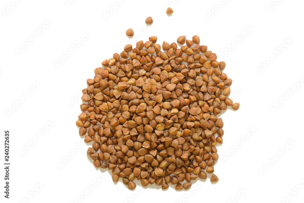 heap of buckwheat porridge on a white background