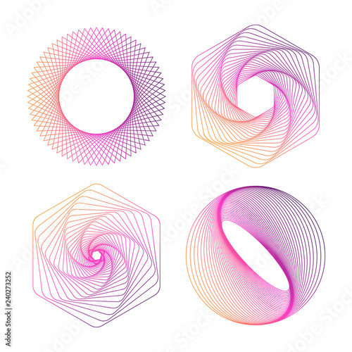 Abstract dynamic geometric shapes collection. Colorful linear waves design. Vector template.