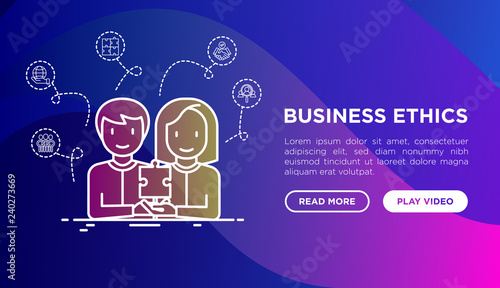 Business ethics concept: people of different nationalities working together. Thin line icons: no to racism, recruitment service, gender employment. Modern vector illustration, web page template.