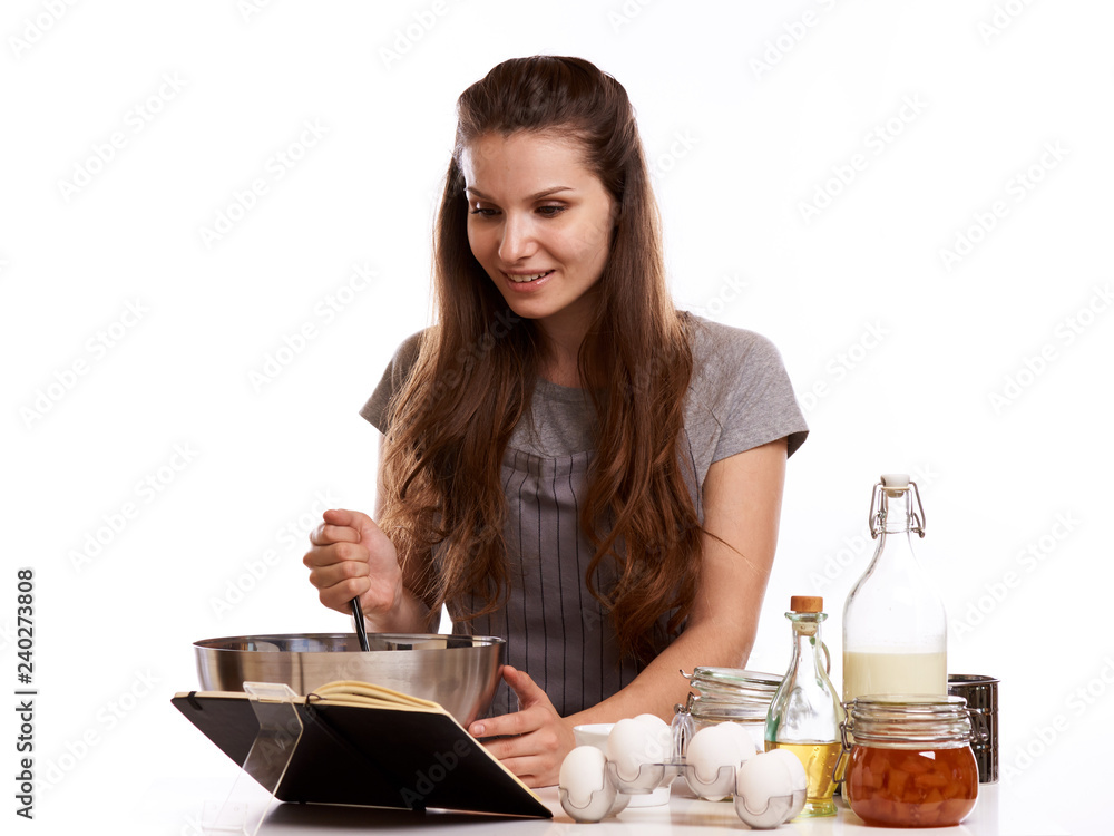Portrait of beautiful chef home cook at home with dessert cupcakes homemade sweets Portrait of beautiful chef home cook at home with dessert cupcakes homemade sweets