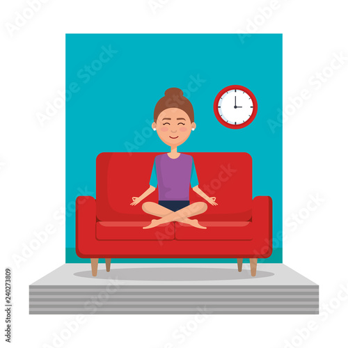 elegant businesswoman with lotus pose in the livingroom