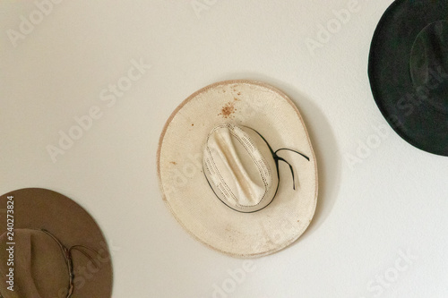 Weathered cowboy hats hung on a plain, white wall
