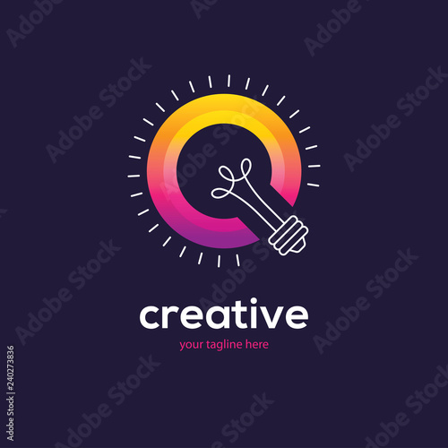 Bright colorful light bulb logo on dark background.