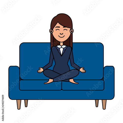 elegant businesswoman with lotus pose in the sofa