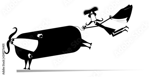 Cartoon bullfighter and a bull isolated illustration. Cartoon long mustache bullfighter catches a running bull by tail black on white illustration 